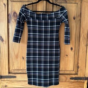 Vintage Y2K Off The Shoulder Plaid Bodycon Mini Dress Black White Grey Beige XS